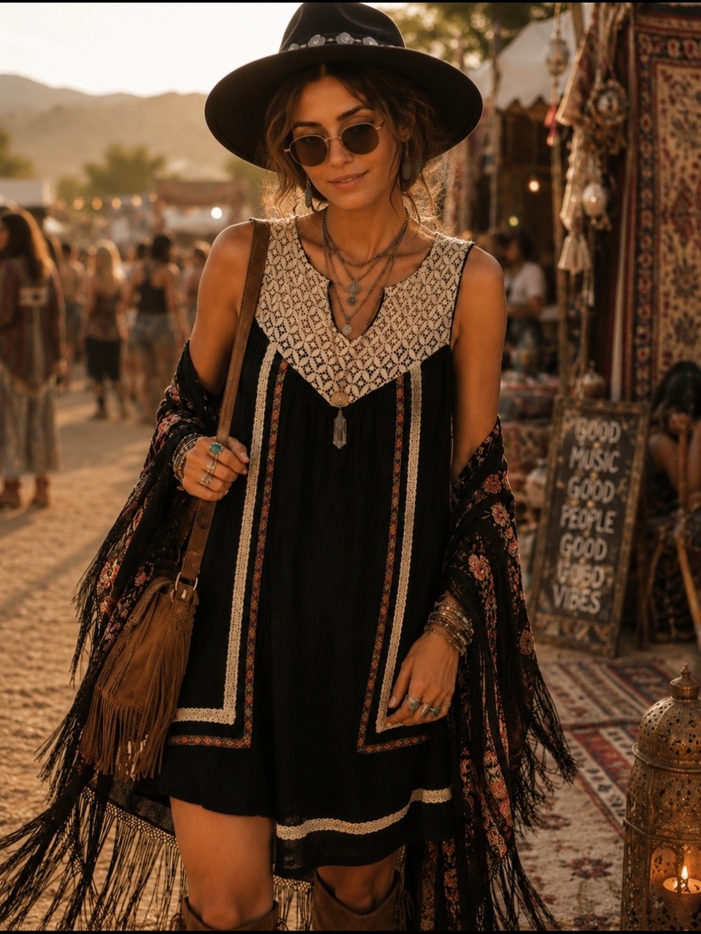Rewind Black Boho Mini Dress with Crochet Detail